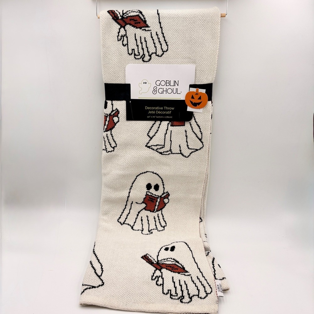 Goblin & Ghoul Reading Ghosts Halloween Throw Blanket Cream Orange Bibliophile